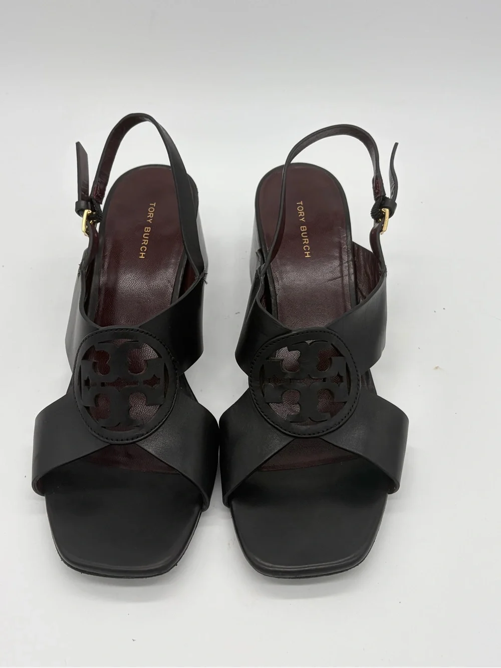 Tory Burch Black Leather Logo Block Heel Slingbacks